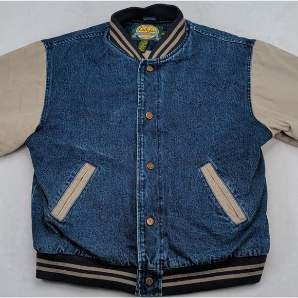 Cabela's Men's Vintage Varsity Jacket Outdoor Working Size Large Blue Beige - Picture 1 of 11